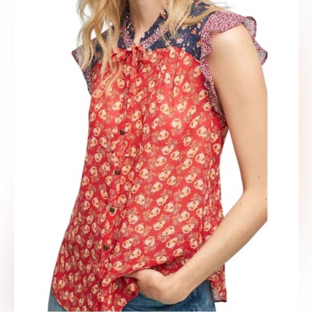 Anthropologie Floral Red Sleeveless Top